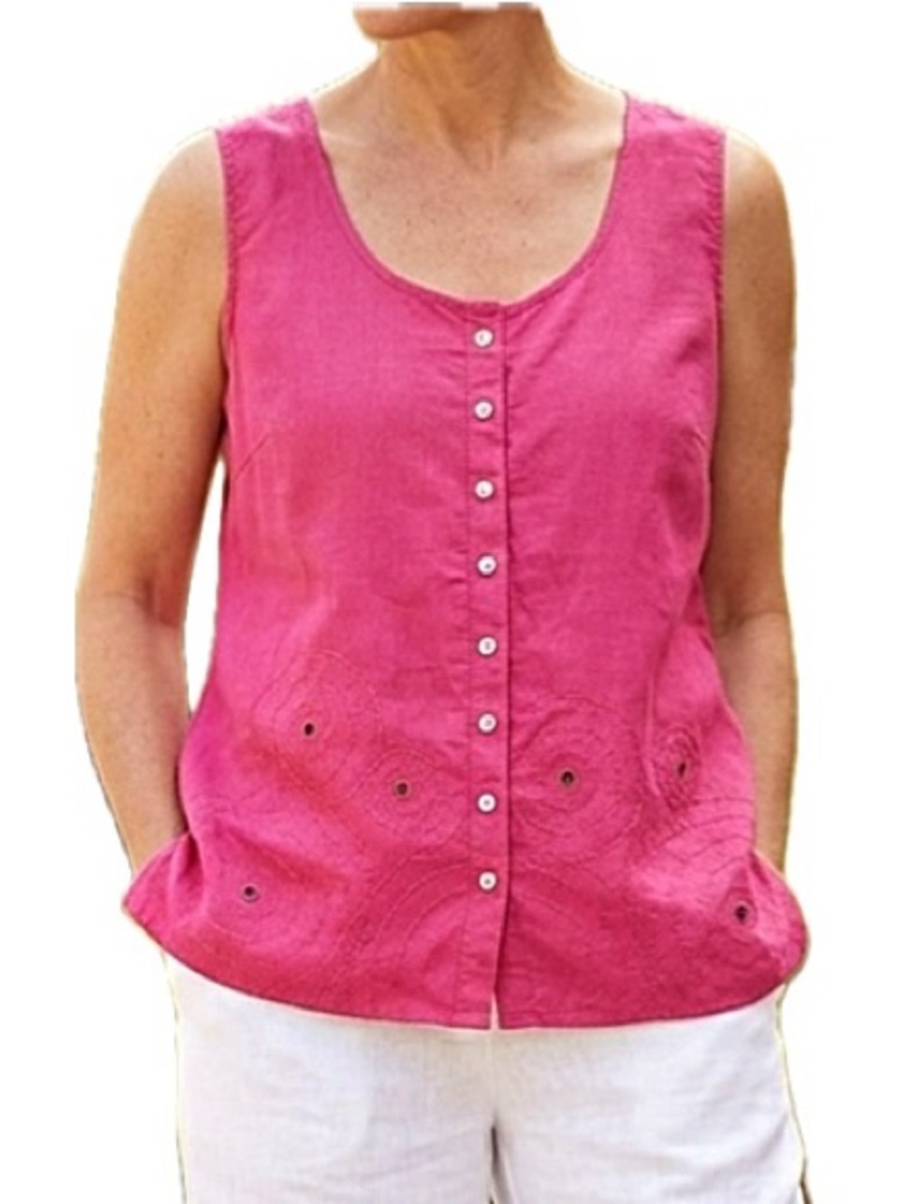 Ecologie 100% Linen Embroidered Button Down Tank Womens Size XL Fuschia Scoop